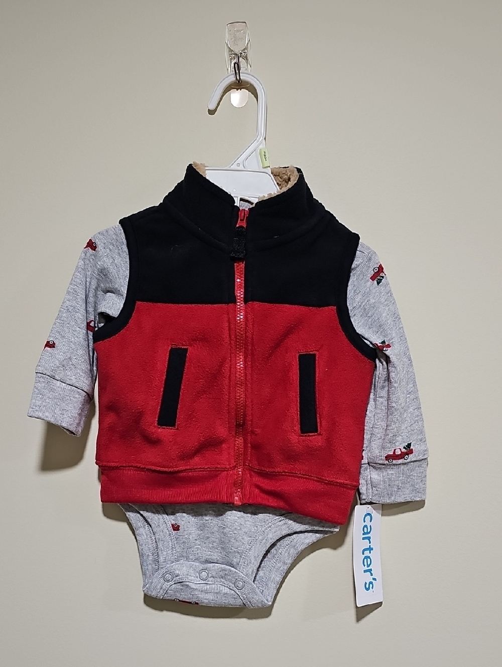 Carter's Red Black and Gray Fleece Vest Bodysuit Set